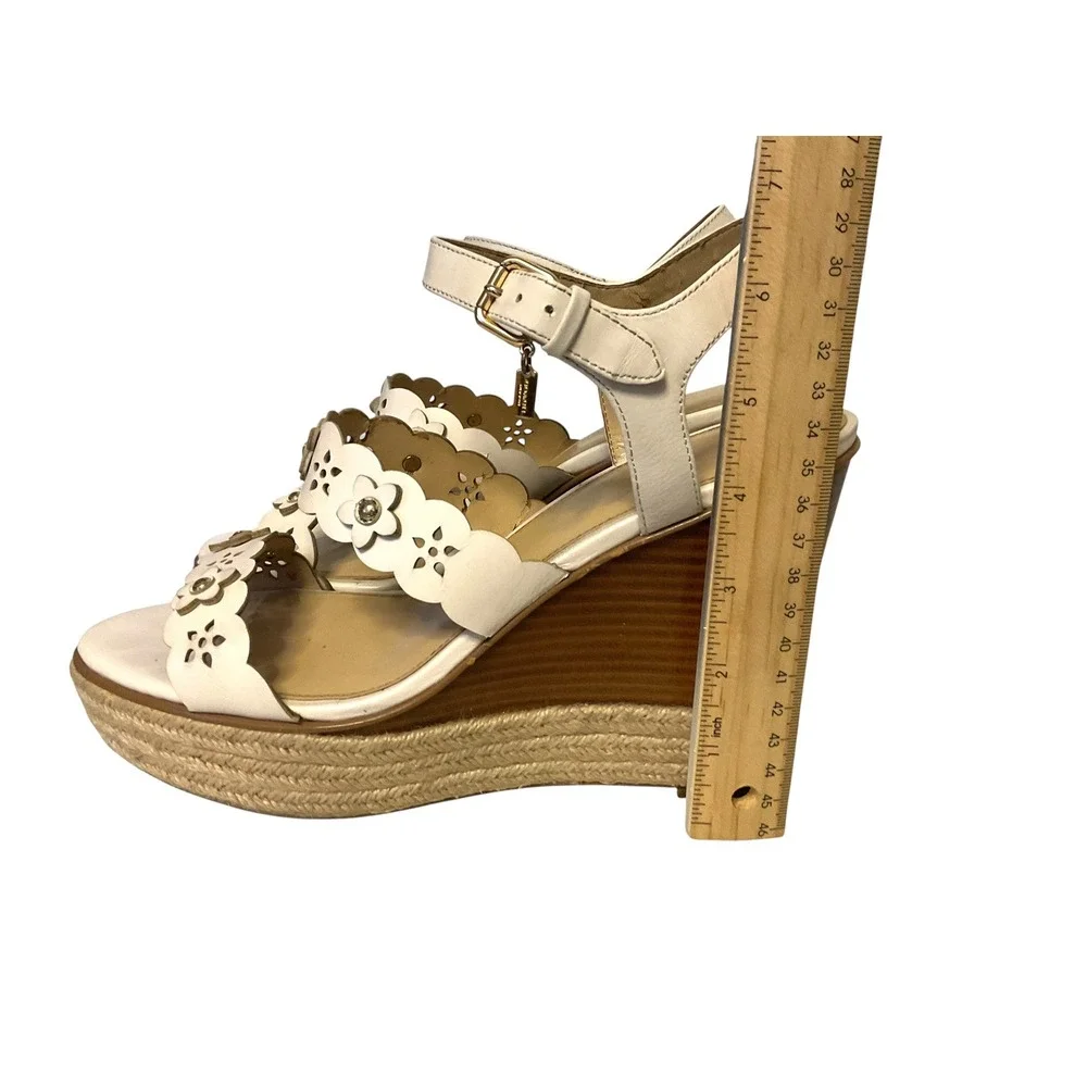 Coach Womens Chalk Leather Scalloped Floral Espadrille Wedge Sandals Size 9 B